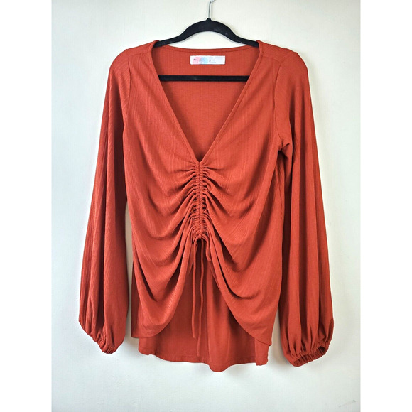Free People Women Top XS Ruched Gathered Front Long sleeve Cropped Rust Ruched - Picture 2 of 10